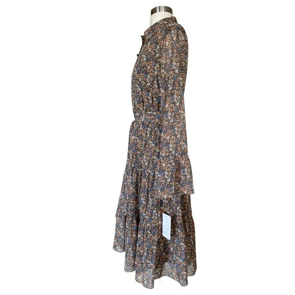 MIKAEL AGHAL Floral Shirt Dress Button Down Midi Crepe Chiffon Belt Tiered 6 NWT - Picture 9 of 12